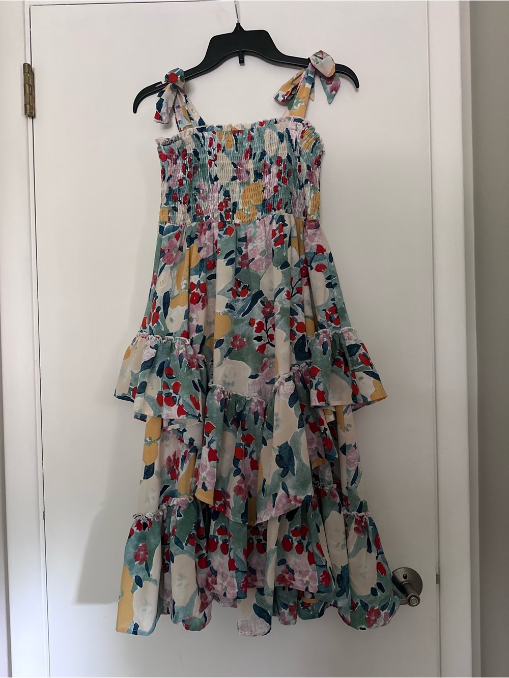 Floral Smocked Tiered Midi Dress - Cream & Green